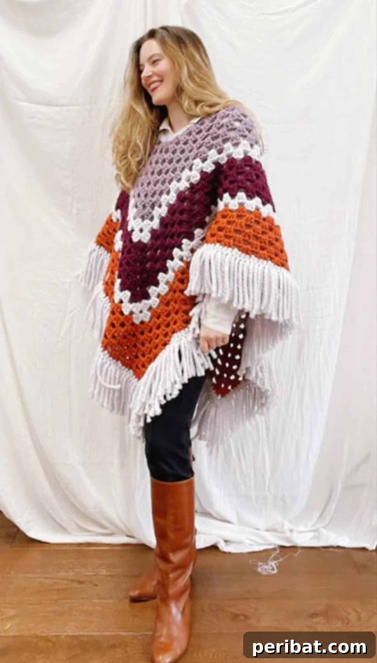 Super Cosy 70s Style Granny Square Poncho, a vintage-inspired crochet design bringing retro charm and comfort.