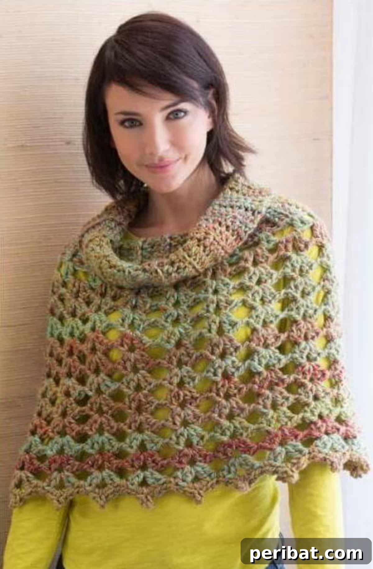 Chic Cowl Neck Poncho, a fashionable and cozy crochet design perfect for keeping warm on chilly days.