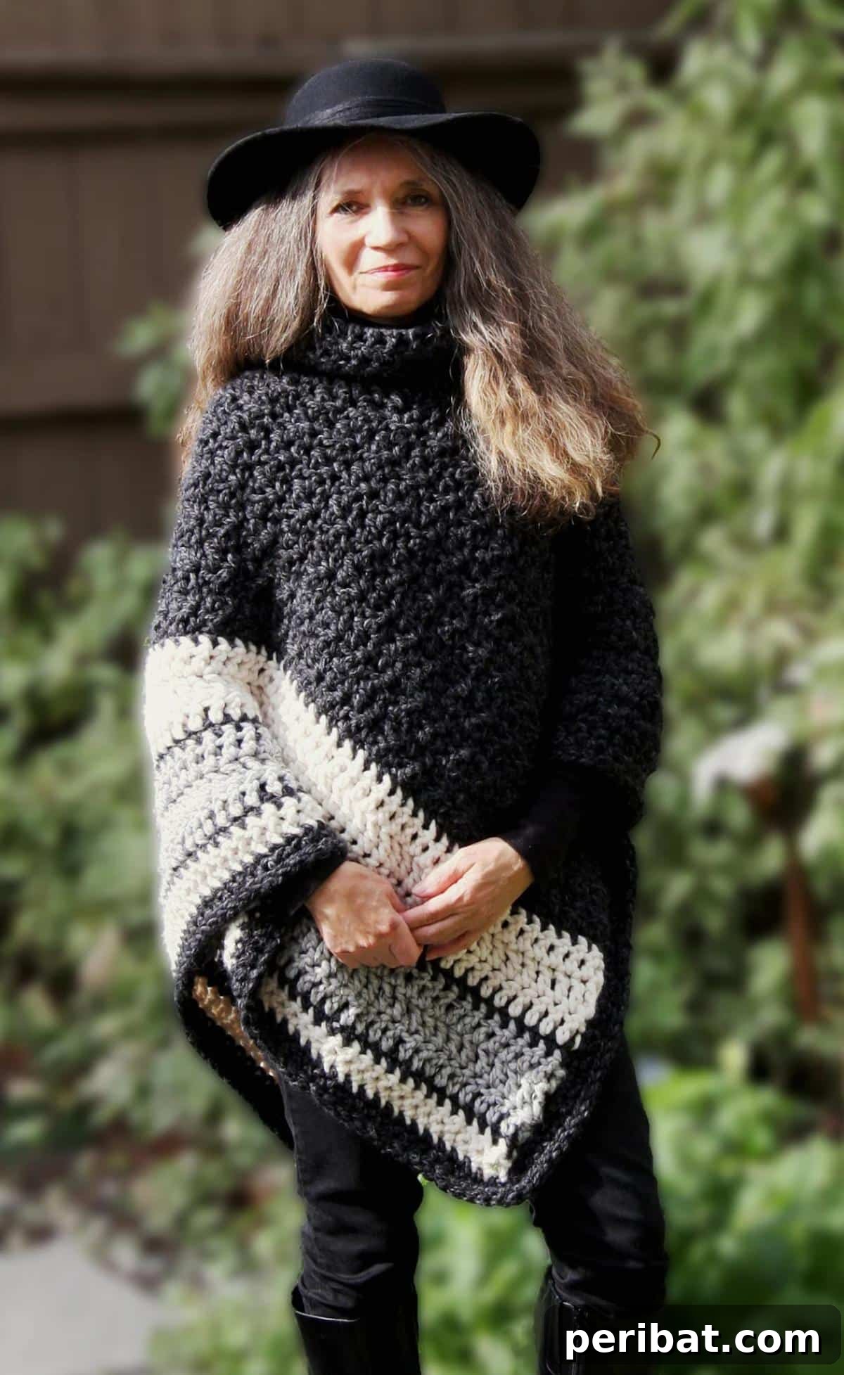 Chunky Turtleneck Poncho for Women, a cozy crochet pattern with a thick, textured stitch, ideal for cold winter days.