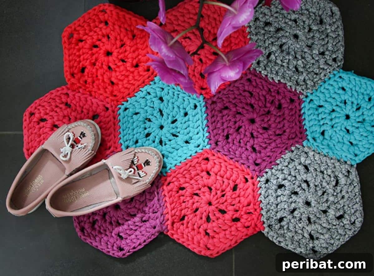 Creative Coziness: 38 Crochet Rug Ideas 17 Chunky Hexie Crochet Rug