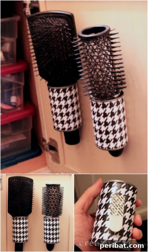 Tin Can Treasures: Transforming Recycled Metal into Stunning Home Decor 14 Hanging hairbrush storage made from decorated tin cans inside a cabinet door