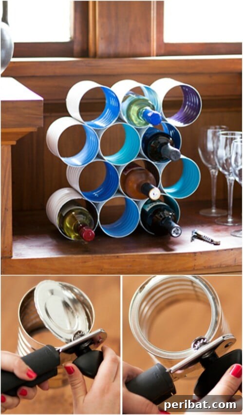 Tin Can Treasures: Transforming Recycled Metal into Stunning Home Decor 15 Modern wine rack made from stacked and secured tin cans
