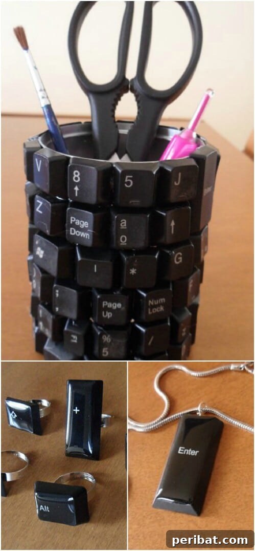 Tin Can Treasures: Transforming Recycled Metal into Stunning Home Decor 16 Accessory cup made from a tin can wrapped with old keyboard keys