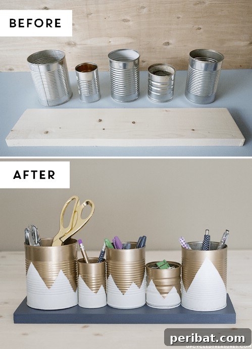 Tin Can Treasures: Transforming Recycled Metal into Stunning Home Decor 19 Set of stylish upcycled tin can organizers with metallic paint and simple designs