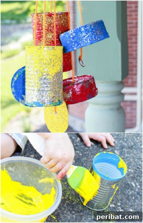 Tin Can Treasures: Transforming Recycled Metal into Stunning Home Decor 20 Kid-friendly tin can wind chime with bold primary colors