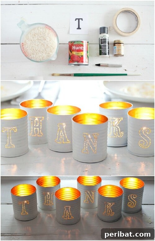 Tin Can Treasures: Transforming Recycled Metal into Stunning Home Decor 3 Tin Can Votive Candles with Letters spelling out HOME