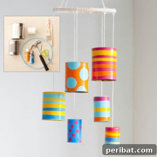 Tin Can Treasures: Transforming Recycled Metal into Stunning Home Decor 21 Simple and colorful tin can wind chimes with striped and polka dot designs