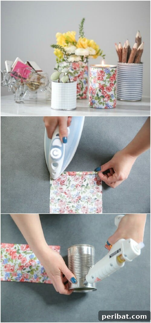 Tin Can Treasures: Transforming Recycled Metal into Stunning Home Decor 22 Fabric-wrapped tin cans holding pennies, flowers, and pencils