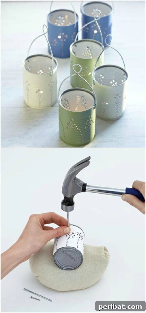 Tin Can Treasures: Transforming Recycled Metal into Stunning Home Decor 26 Hanging tin can lanterns with punched designs and wire handles