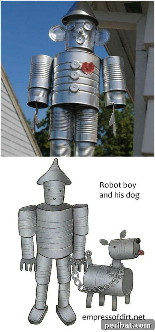Tin Can Treasures: Transforming Recycled Metal into Stunning Home Decor 27 Adorable tin man garden robot made from various tin cans and a funnel