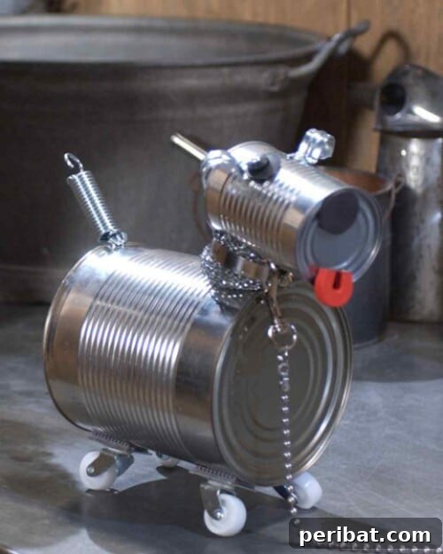 Tin Can Treasures: Transforming Recycled Metal into Stunning Home Decor 31 Adorable robot dog made from tin cans with wheels