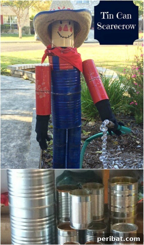 Tin Can Treasures: Transforming Recycled Metal into Stunning Home Decor 38 Whimsical scarecrow figure made from painted tin cans