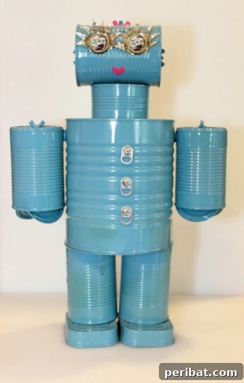 Tin Can Treasures: Transforming Recycled Metal into Stunning Home Decor 40 Retro-futurist robot made from tin cans with springs and other embellishments