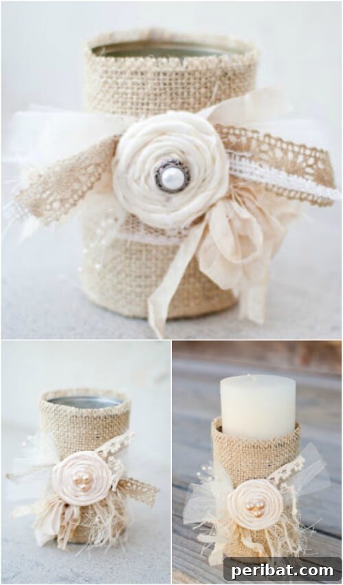 Tin Can Treasures: Transforming Recycled Metal into Stunning Home Decor 5 Burlap-covered tin can candle holders with lace and ribbon