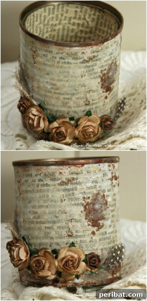 Tin Can Treasures: Transforming Recycled Metal into Stunning Home Decor 41 Beautiful vintage upcycled tin can holder with old paper and dried flowers