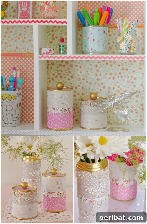 Tin Can Treasures: Transforming Recycled Metal into Stunning Home Decor 42 Set of beautifully upcycled tin cans with lids, featuring vintage designs