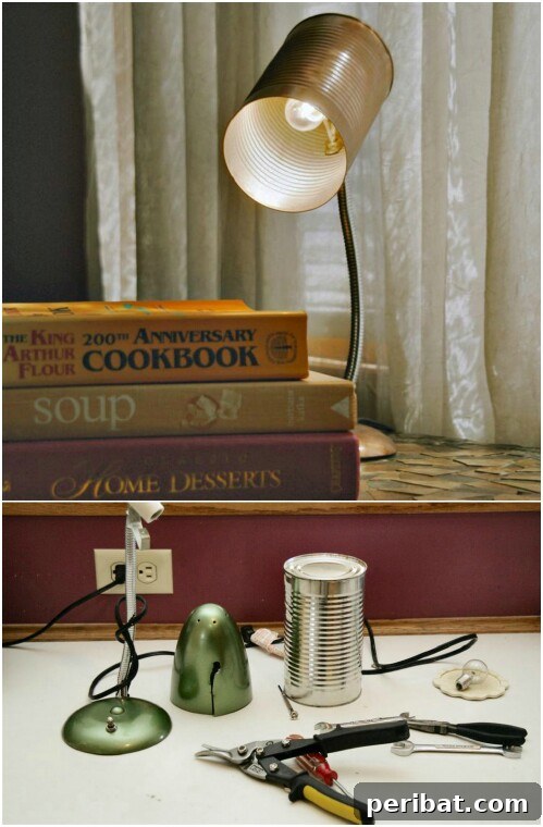 Tin Can Treasures: Transforming Recycled Metal into Stunning Home Decor 43 Real working desk lamp with a tin can replacing the traditional shade
