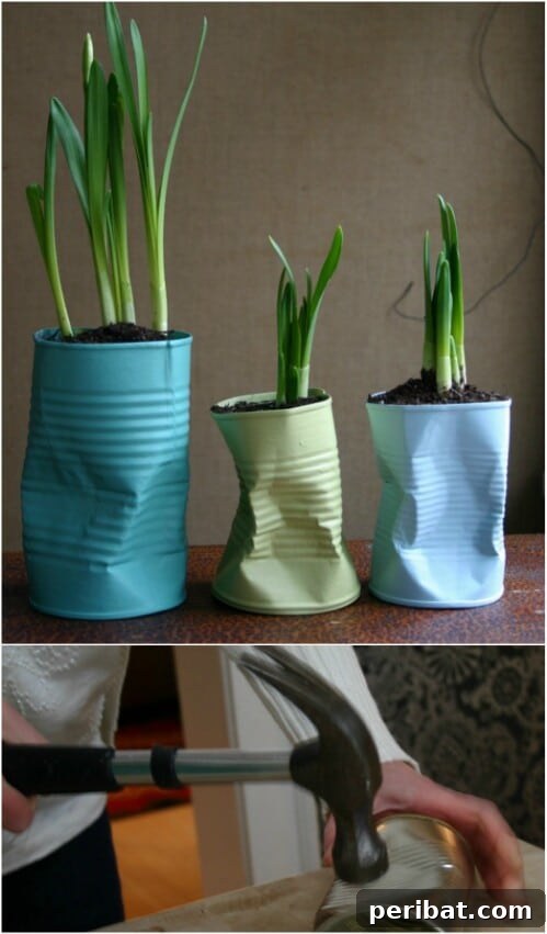 Tin Can Treasures: Transforming Recycled Metal into Stunning Home Decor 44 Quirky crushed tin can planters with flawless paint