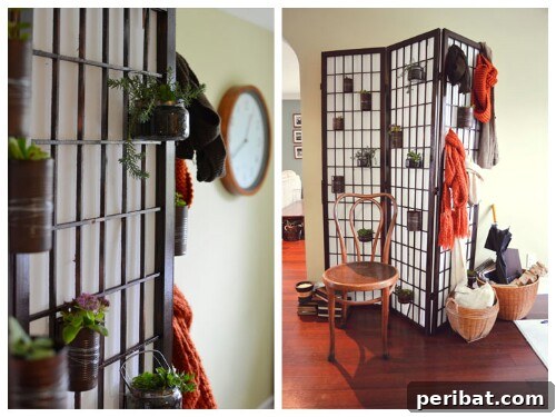 Tin Can Treasures: Transforming Recycled Metal into Stunning Home Decor 45 Indoor herb garden featuring tin can planters on a room divider screen