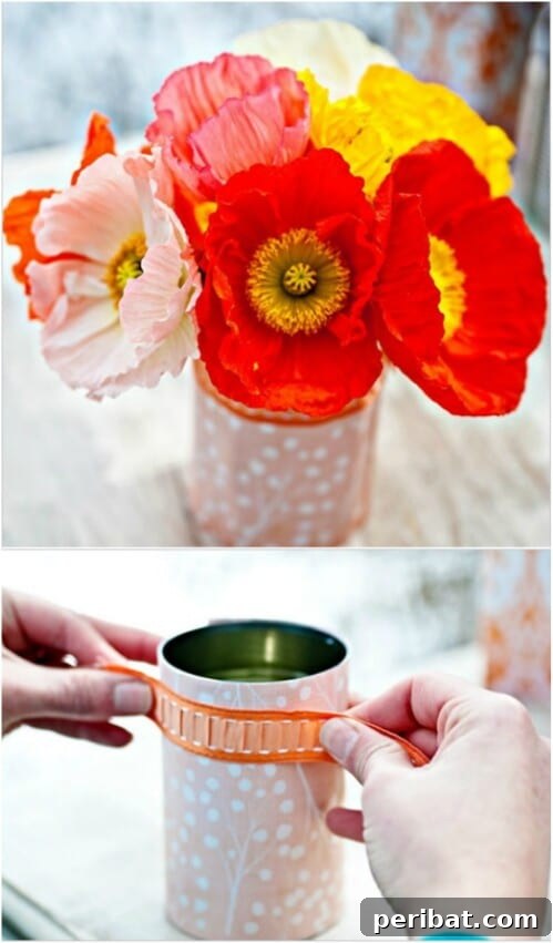 Tin Can Treasures: Transforming Recycled Metal into Stunning Home Decor 48 DIY floral container covers for tin cans using scrapbook paper