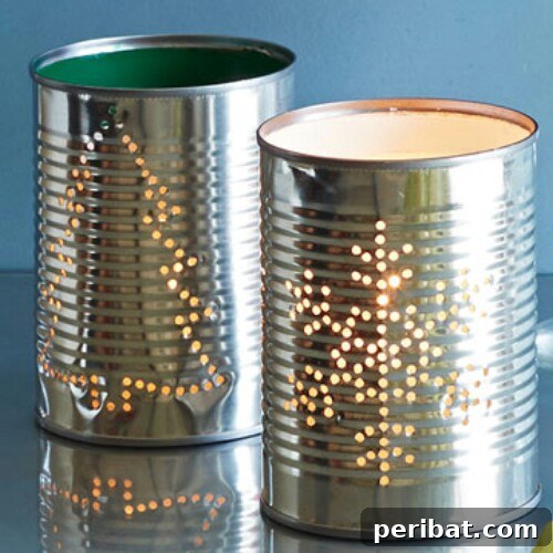 Tin Can Treasures: Transforming Recycled Metal into Stunning Home Decor 51 Tin can votive candles with punched Christmas tree and snowflake designs