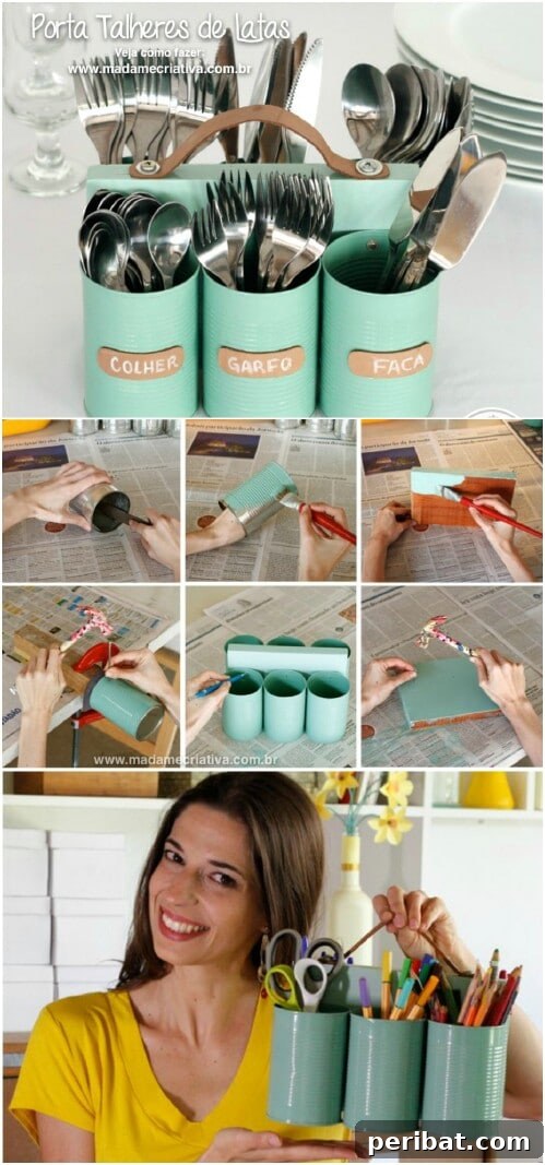 Tin Can Treasures: Transforming Recycled Metal into Stunning Home Decor 8 Tin can silverware holders organized by utensil type with a carrying handle