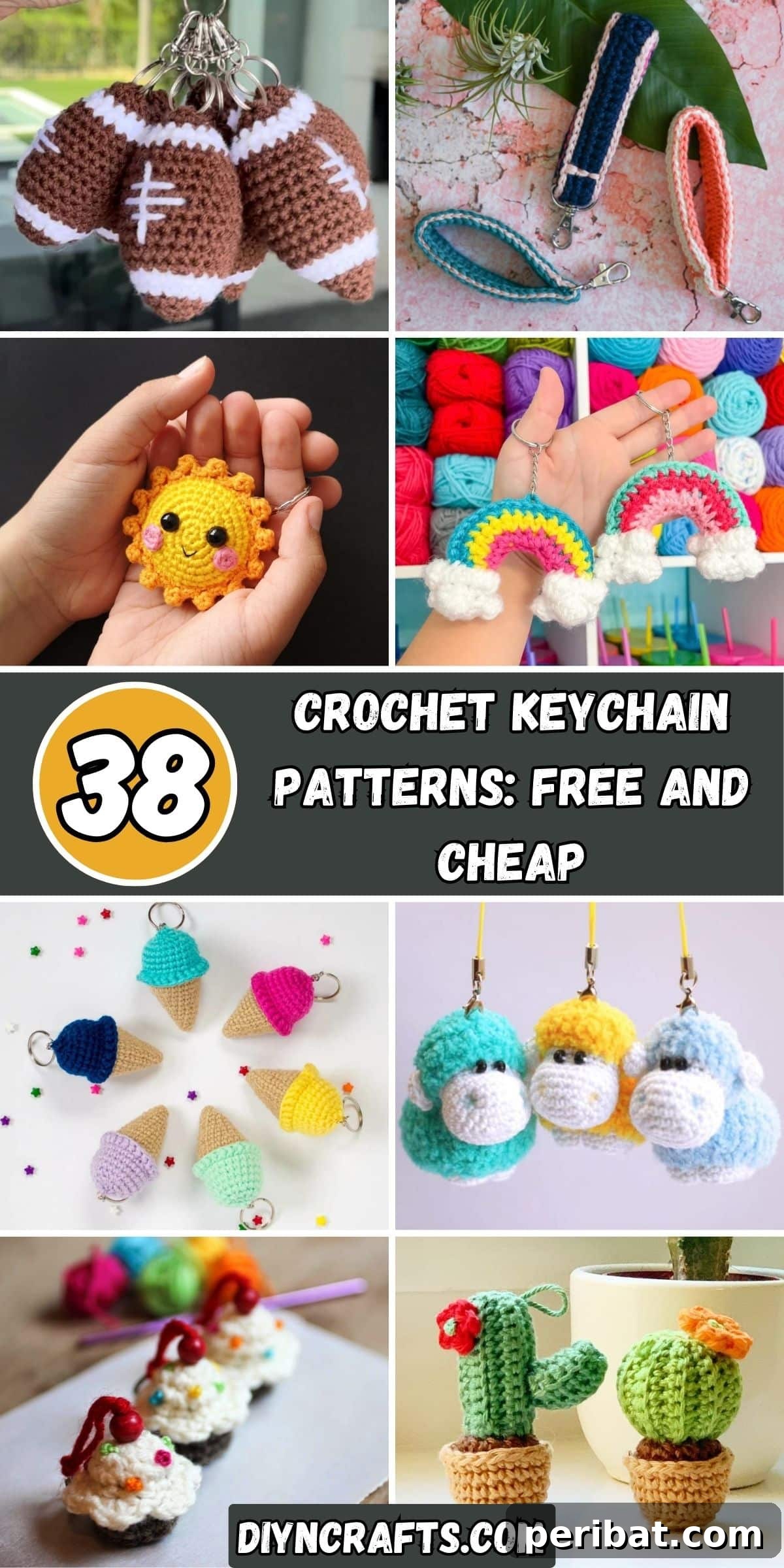 38 Adorable Crochet Keychain Patterns 2 38 Crochet Keychain Patterns: Free and Cheap collage featuring various handmade keychains like a penguin, avocado, book, taco, and sun.