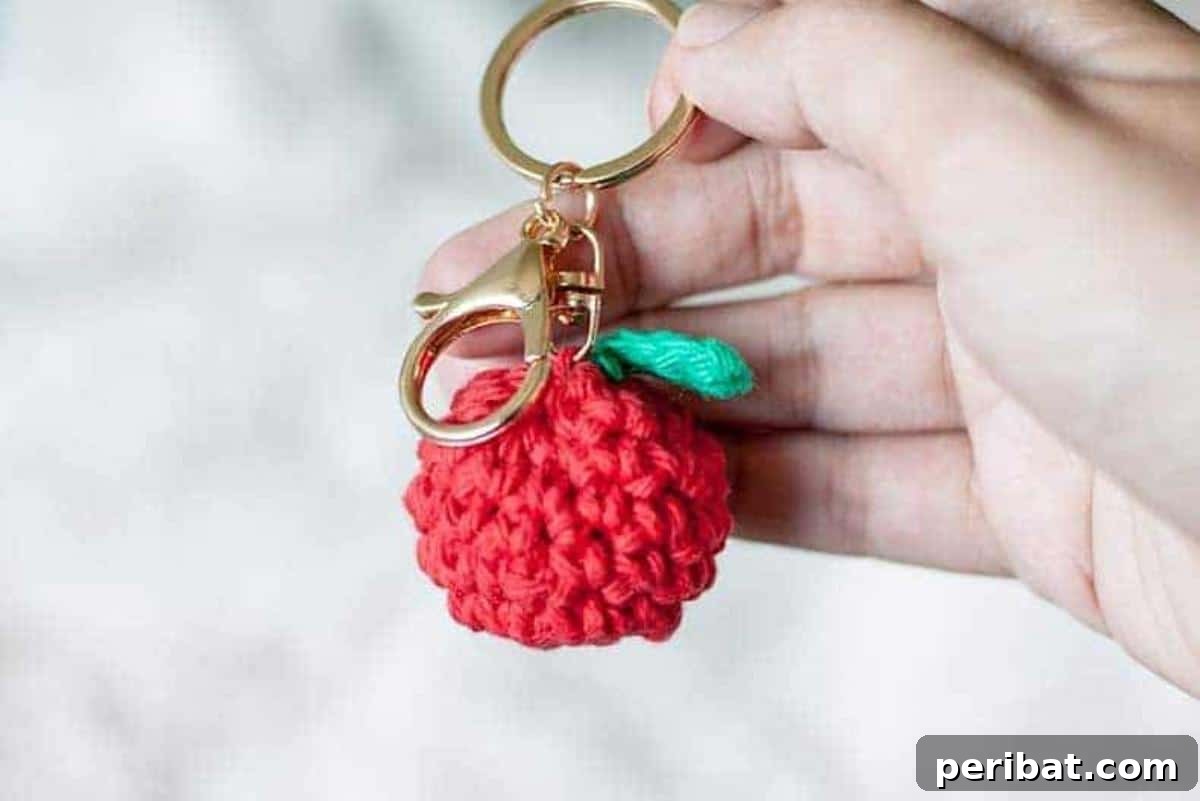 38 Adorable Crochet Keychain Patterns 17 Crochet Apple Keychain with a small green leaf and brown stem.