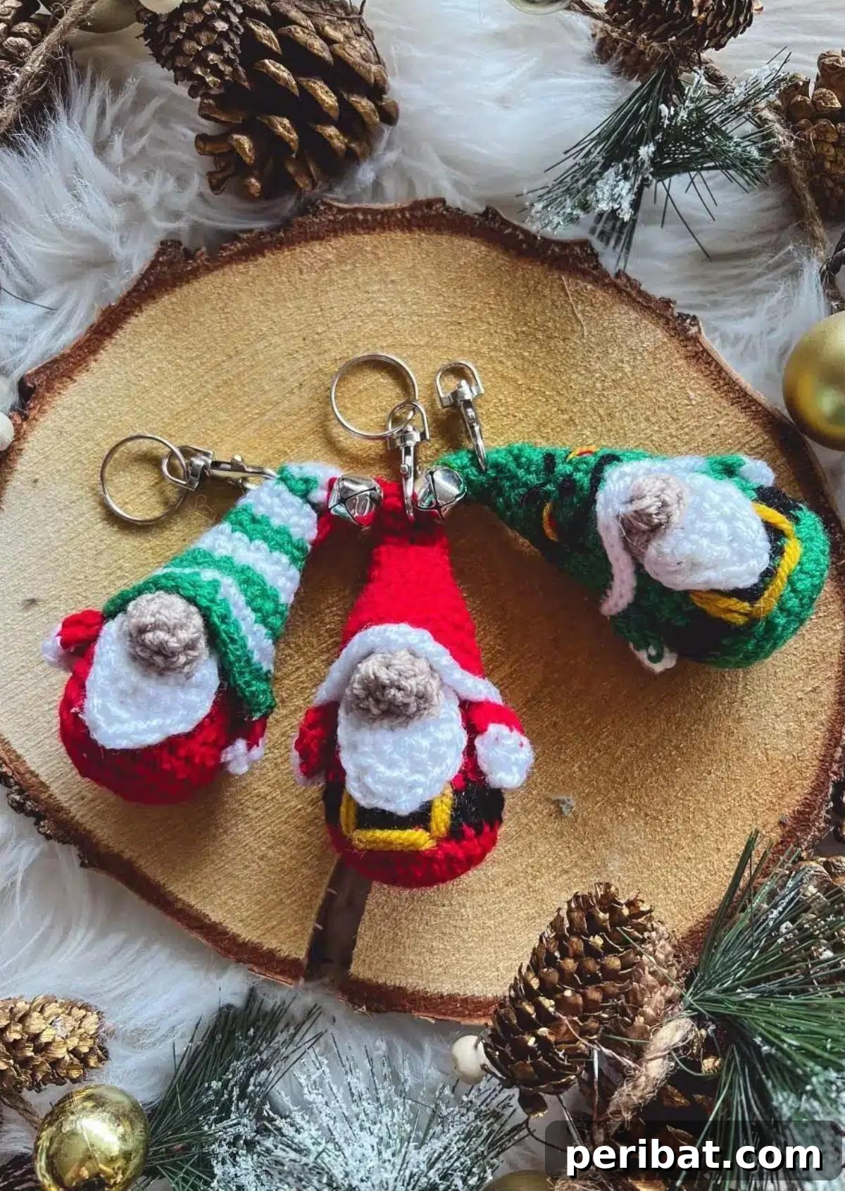 38 Adorable Crochet Keychain Patterns 21 Christmas Gnomes Keychains in various festive colors like red, green, and white.