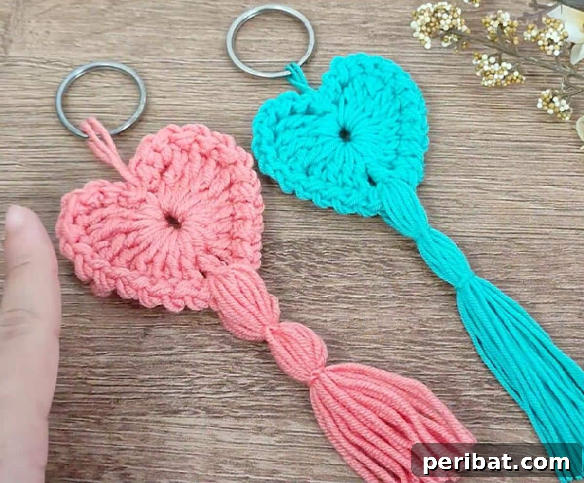 38 Adorable Crochet Keychain Patterns 26 Crochet Heart Keychains in solid colors and striped designs.