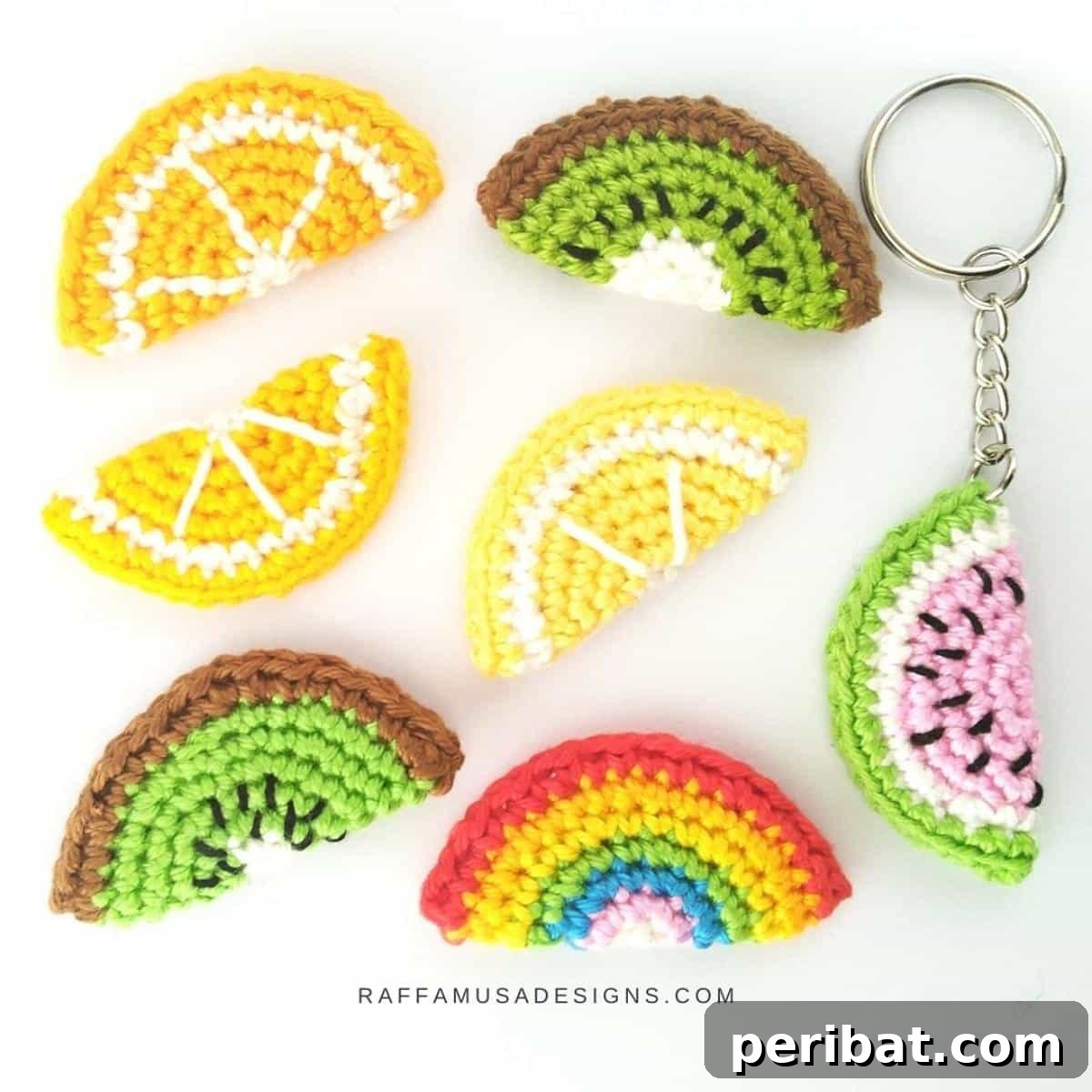 38 Adorable Crochet Keychain Patterns 27 Crochet Fruit Slice Keychains resembling oranges, lemons, and watermelons.