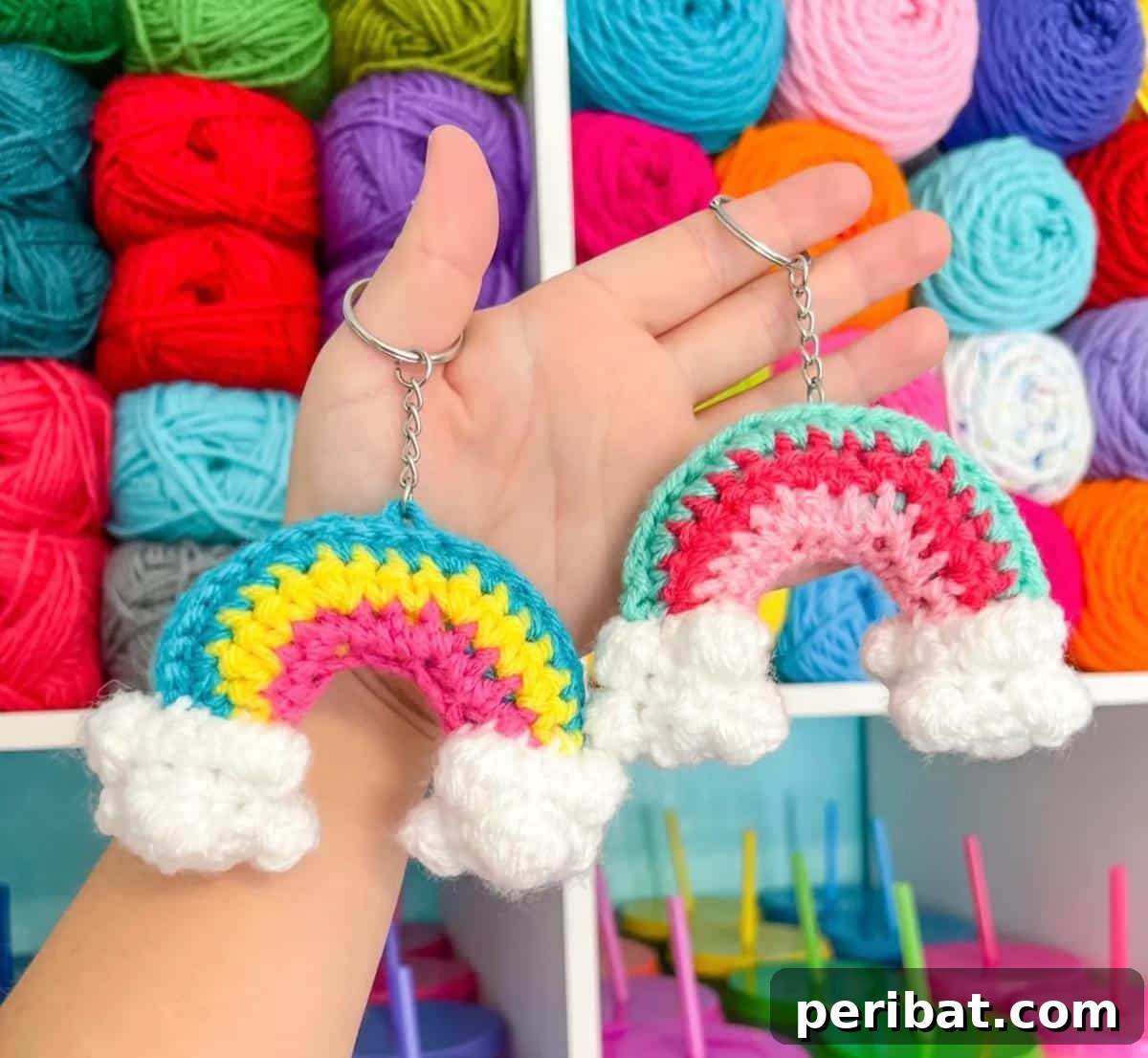 38 Adorable Crochet Keychain Patterns 28 Rainbow Keychains with vibrant arched stripes.