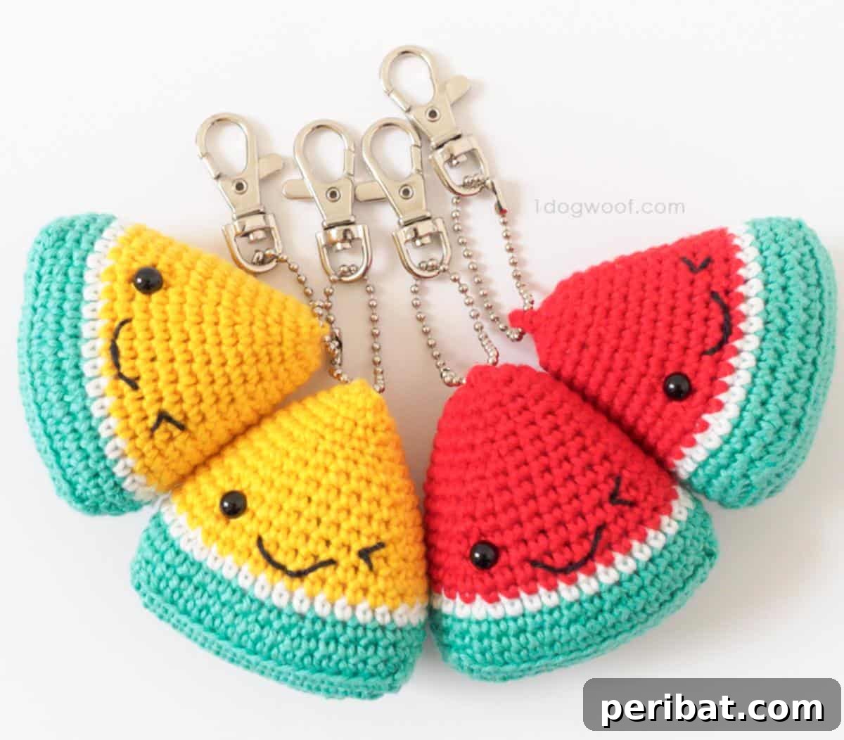 38 Adorable Crochet Keychain Patterns 31 Watermelon Amigurumi Keychain Stocking Stuffers, showing slices of watermelon.
