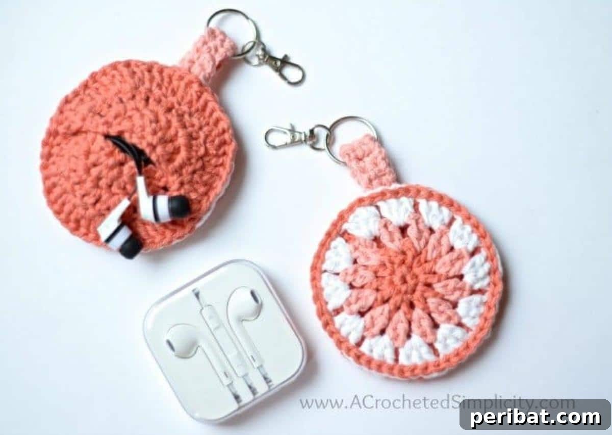 38 Adorable Crochet Keychain Patterns 10 Crochet Earbud Holder and Keychain in a compact, round design.
