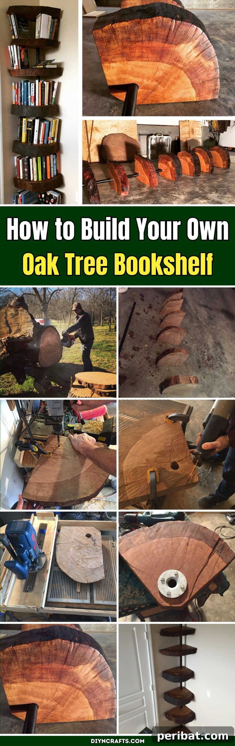 DIY Oak Tree Bookshelf Project 2 A stunning DIY oak tree bookshelf showcasing live edge wood slices arranged to resemble a tree trunk, filled with books.