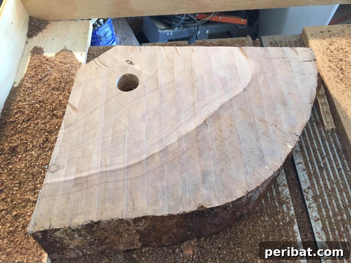 DIY Oak Tree Bookshelf Project 11 Result of planing oak with a router sled, showing a marked pilot hole.