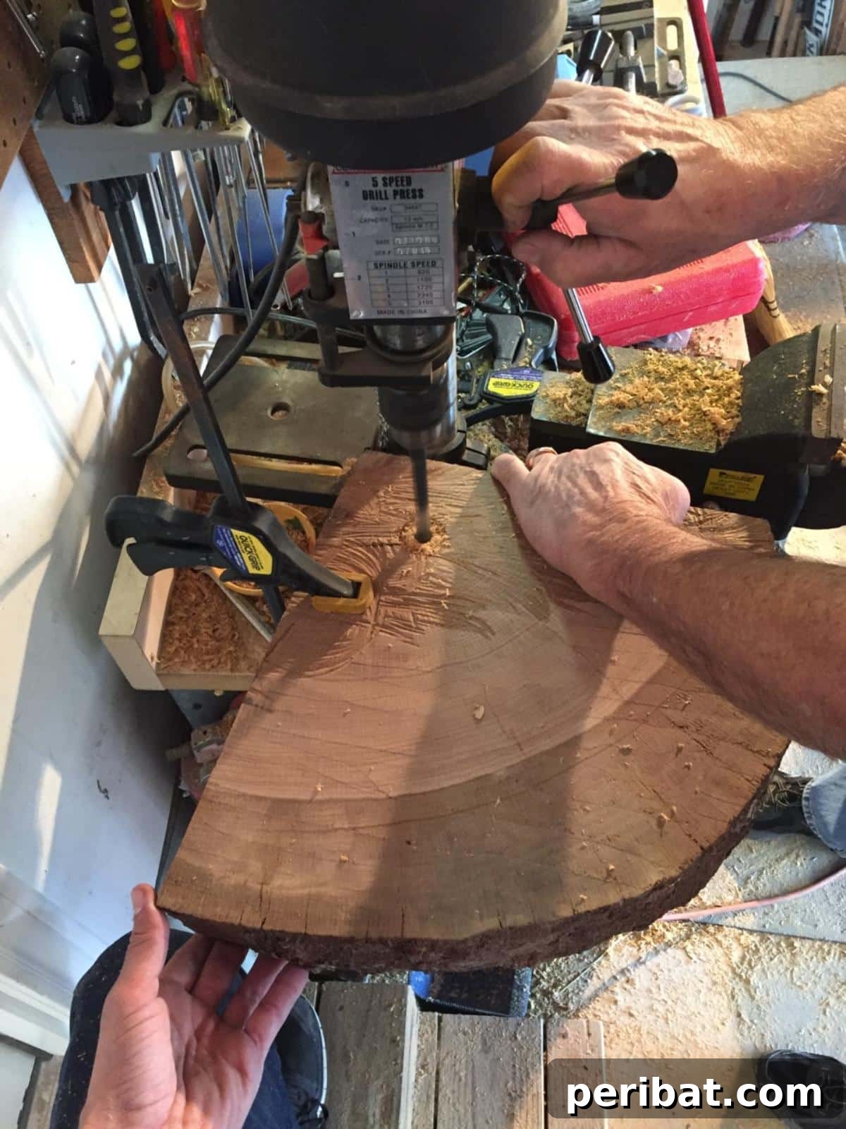 DIY Oak Tree Bookshelf Project 12 Drilling large holes with a Forstner bit for a 1-inch pipe.