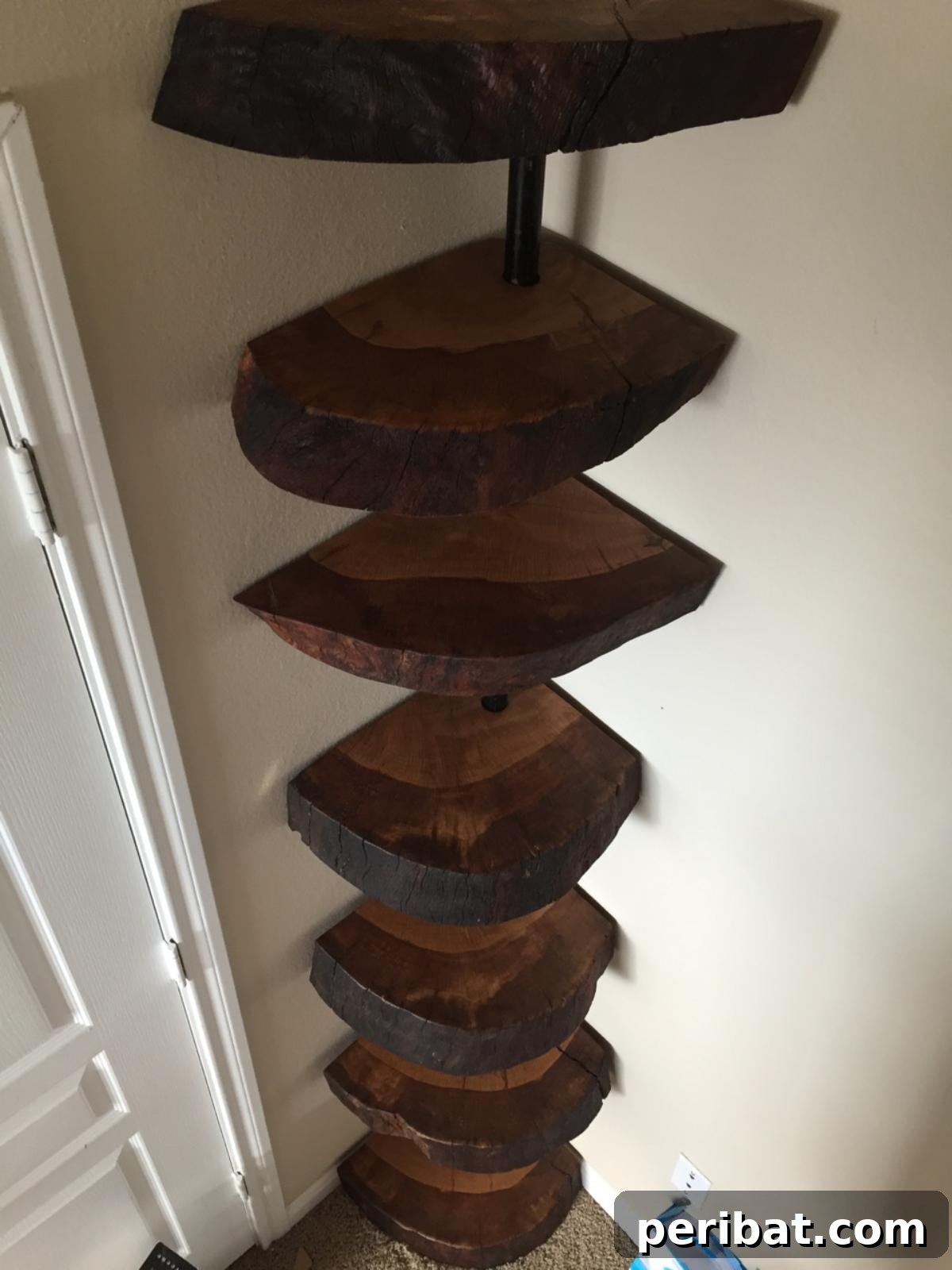 DIY Oak Tree Bookshelf Project 20 The completed oak tree bookshelf standing stably in a corner.