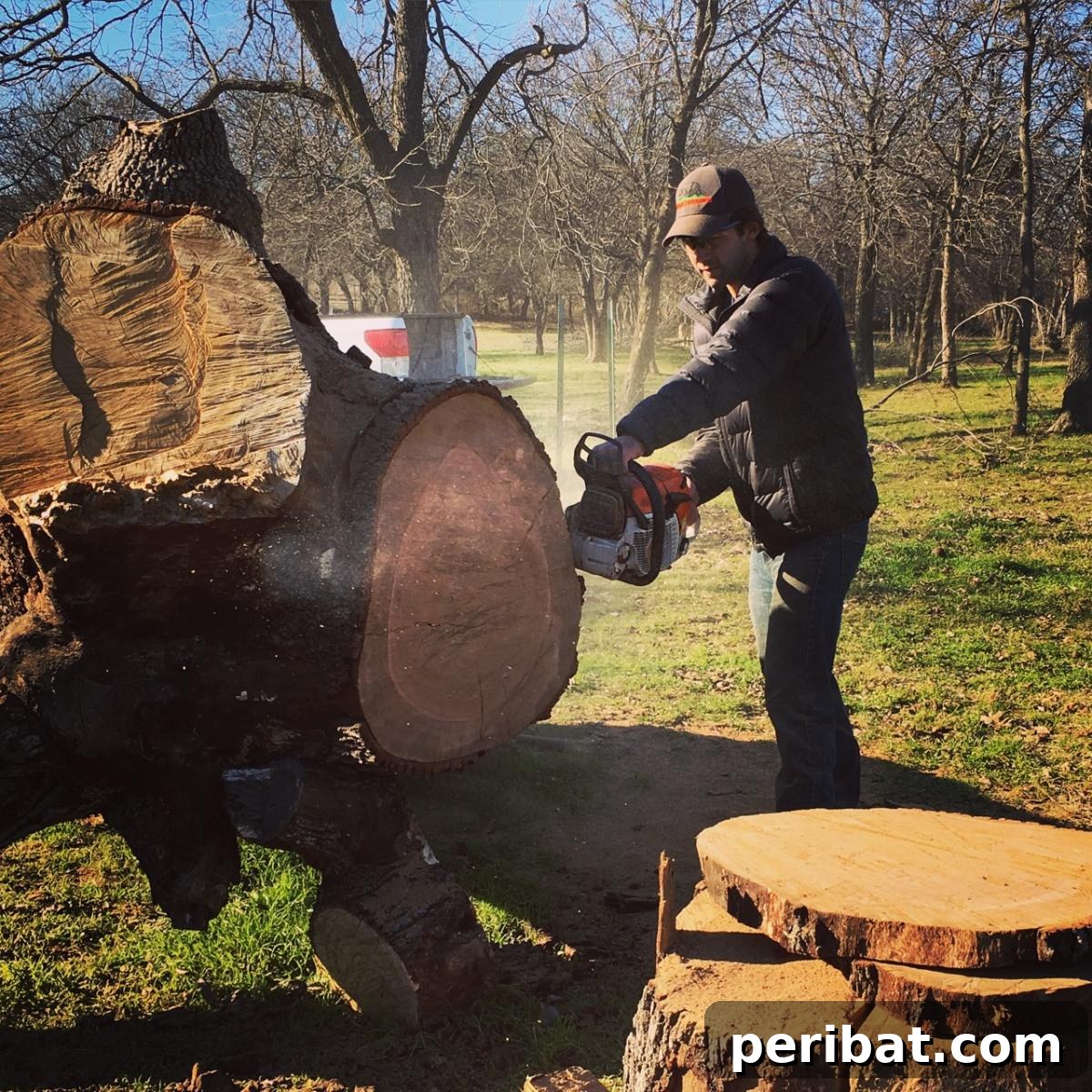 DIY Oak Tree Bookshelf Project 6 Using a 30-inch chainsaw to cut large oak tree slices for the bookshelf.