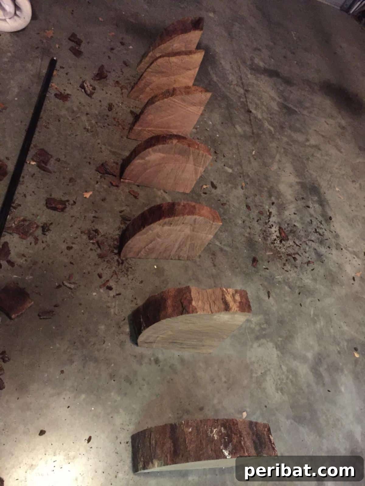 DIY Oak Tree Bookshelf Project 7 Oak slices being quartered and laid out for corner fitting.