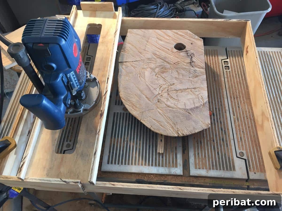 DIY Oak Tree Bookshelf Project 9 A custom-built router sled made from plywood for planing uneven oak boards.
