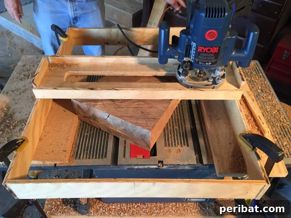 DIY Oak Tree Bookshelf Project 10 Using a straight-cut router bit with a sled to plane oak wood surfaces.