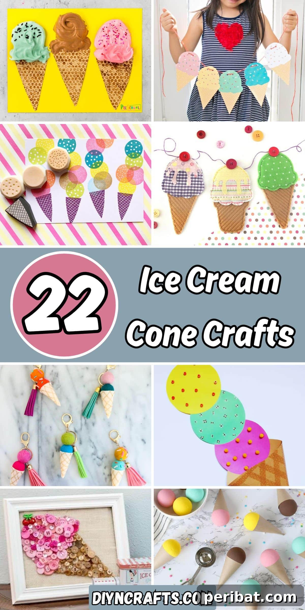 22 Creative Ice Cream Cone Projects for Summer Fun 2 A vibrant collage showcasing 22 different ice cream cone crafts, featuring various textures, colors, and materials like pom-poms, paper, felt, and paint, arranged attractively to inspire creativity.