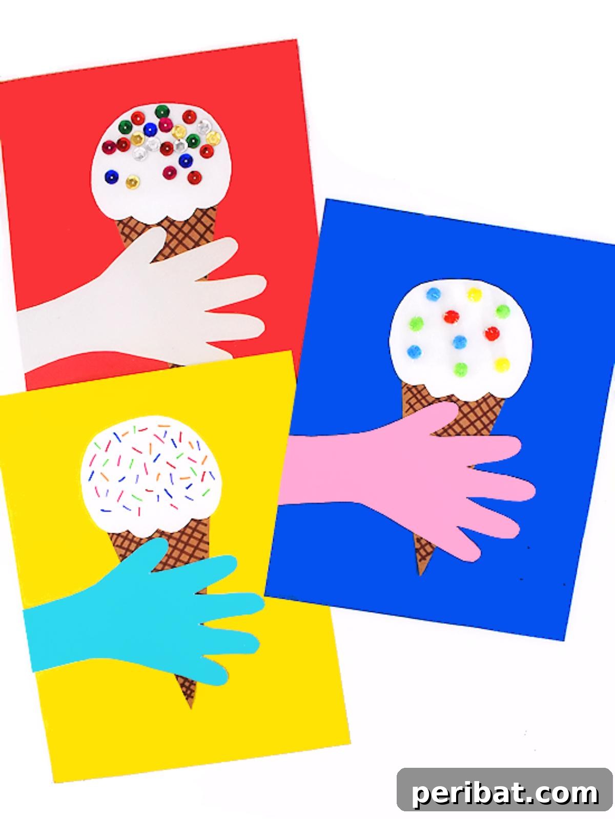 22 Creative Ice Cream Cone Projects for Summer Fun 12 A precious handprint held ice cream cone craft, where a child's handprint forms the 'holding' part of the cone, with colorful scoops above, creating a sentimental keepsake.