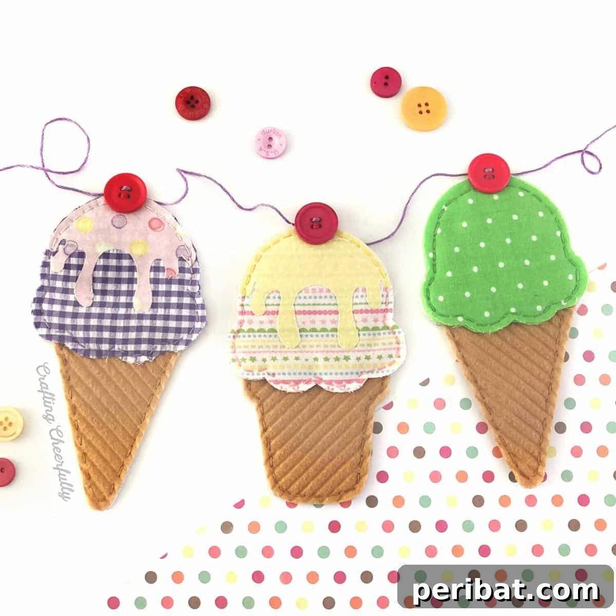 22 Creative Ice Cream Cone Projects for Summer Fun 18 A beautifully crafted DIY ice cream cone fabric banner, featuring individual fabric ice cream cones in various patterns and colors strung together, perfect for home decor.