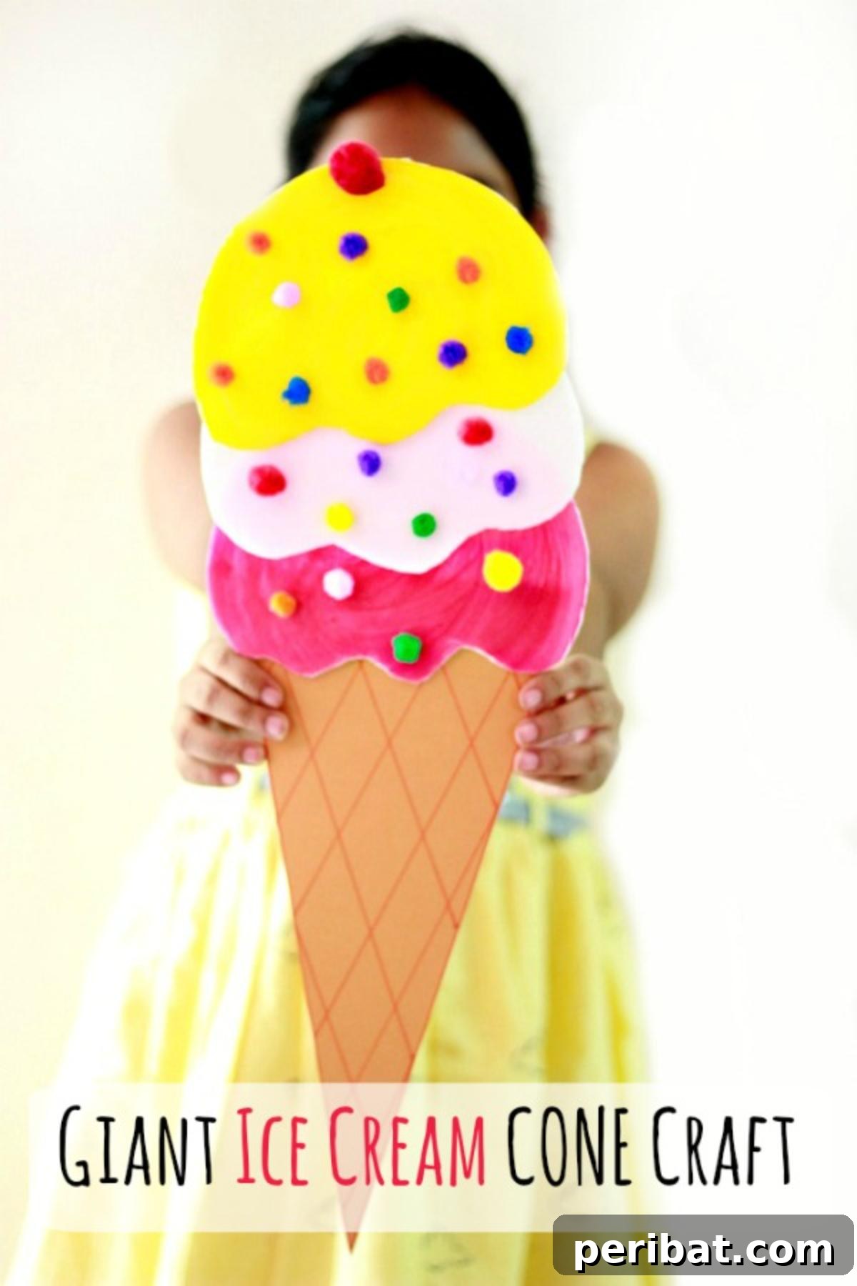 22 Creative Ice Cream Cone Projects for Summer Fun 3 A large, vibrant giant ice cream cone craft project, made from paper or cardboard, standing tall and decorated with colorful 'scoops' and 'sprinkles', perfect as a party decoration.
