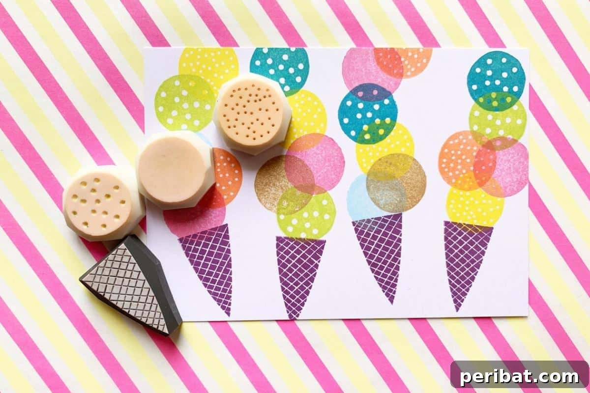 22 Creative Ice Cream Cone Projects for Summer Fun 22 A collection of unique hand-carved ice cream rubber stamps, featuring intricate designs of ice cream cones, scoops, and toppings, perfect for adding a personalized touch to crafts.
