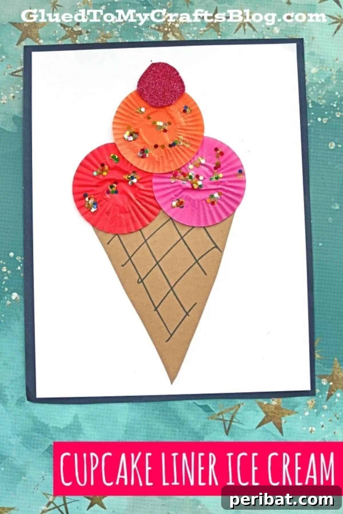 22 Creative Ice Cream Cone Projects for Summer Fun 6 A cute cupcake liner ice cream craft, showing various colored cupcake liners folded and arranged to look like ice cream scoops on a paper cone, adorned with small embellishments.