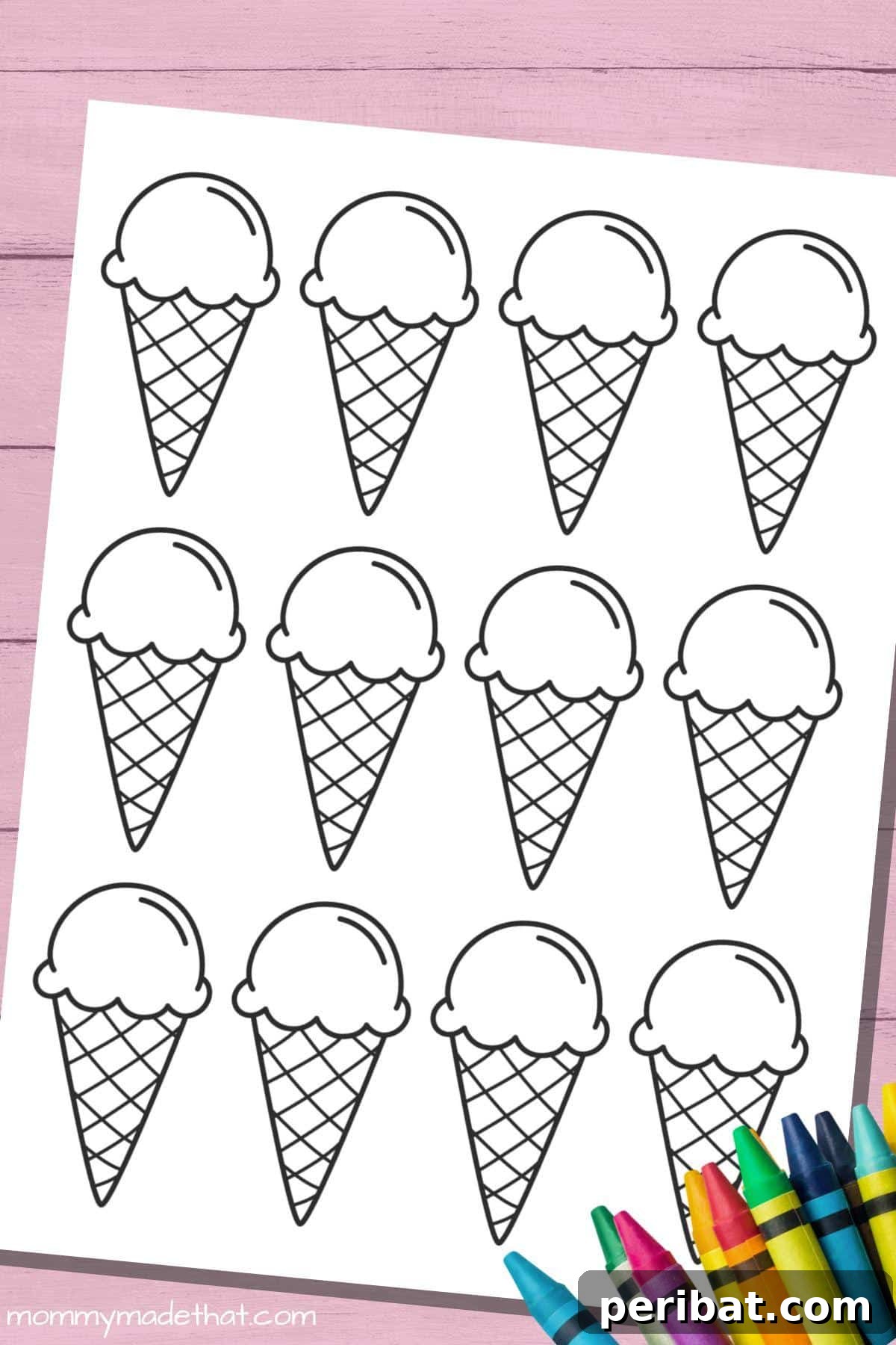 22 Creative Ice Cream Cone Projects for Summer Fun 8 A collection of fun ice cream cone templates for crafts and coloring, featuring various styles of cones and scoops in black outlines, ready for creative embellishment.