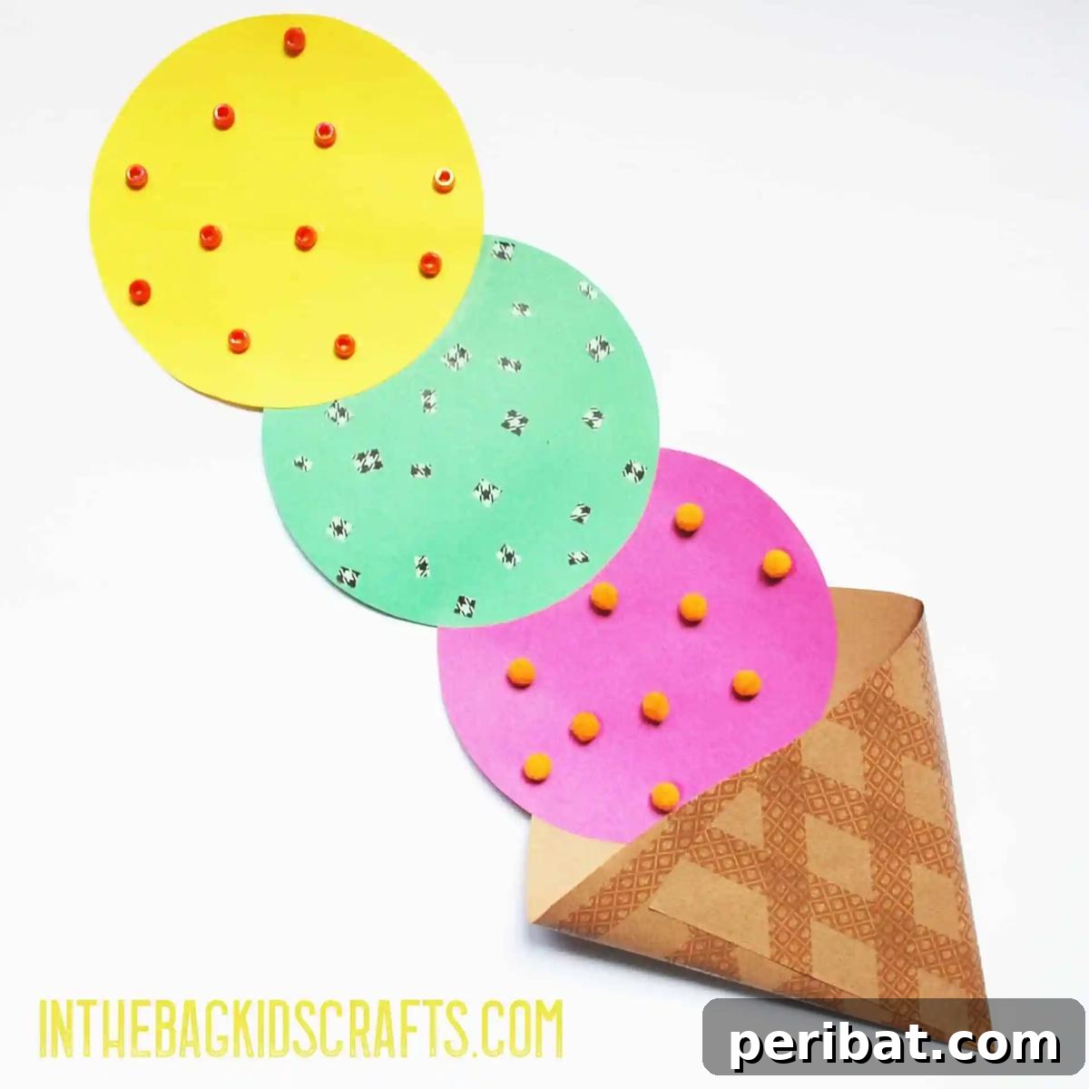 22 Creative Ice Cream Cone Projects for Summer Fun 9 A brightly colored three-scoop ice cream cone craft for kids, showcasing different colored paper 'scoops' stacked on a paper cone, adorned with paper sprinkles.